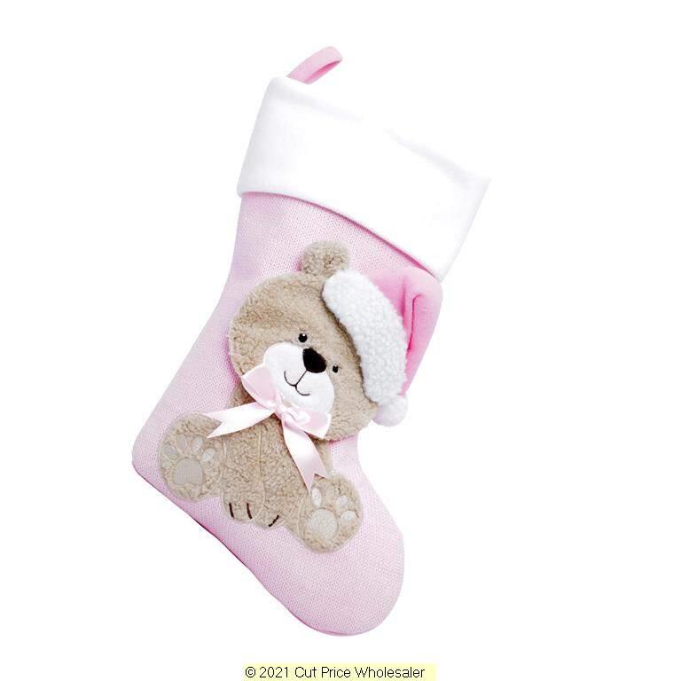 Deluxe Plush Baby Pink Knitted 3D Teddy Stocking 40cm X 25cm - Click Image to Close