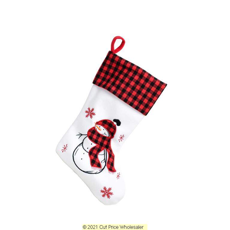 Deluxe Plush White Red Tartan Snowman Stocking 40cm X 25cm - Click Image to Close