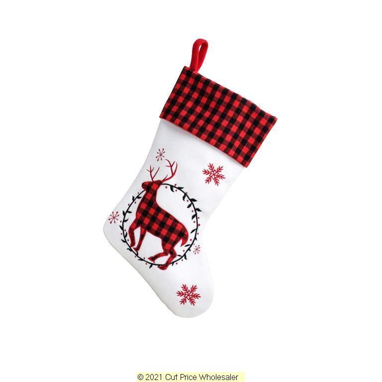 Deluxe Plush White Red Tartan Reindeer Stocking 40cm X 25cm - Click Image to Close