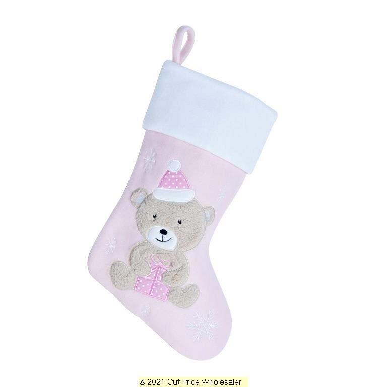 Deluxe Plush Pink Fluffy Teddy Stocking 40cm X 25cm - Click Image to Close