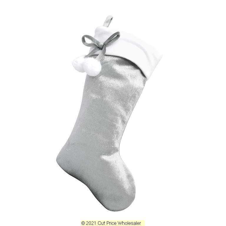 Deluxe Plush Silver Velvet Look Pom Pom Stocking 40cm X 25cm - Click Image to Close