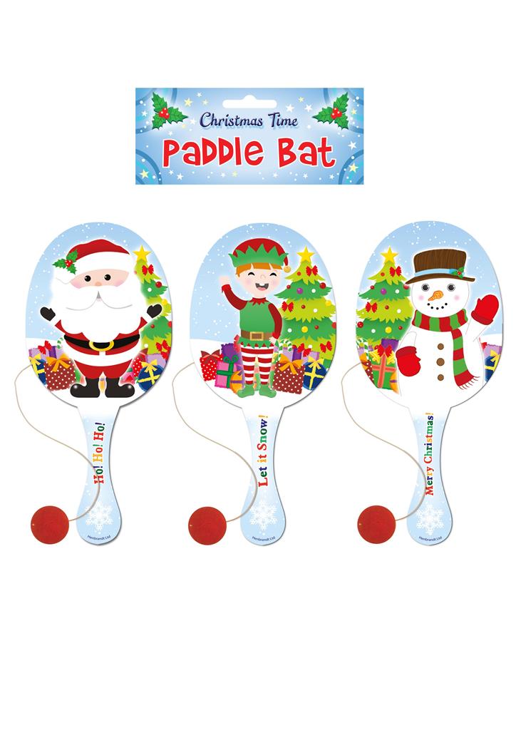 Christmas 22cm Wooden Biff Paddle Bat & Ball - Click Image to Close