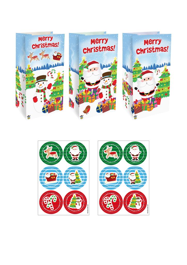 Christmas Paper Party Bags With Stickers X 12 Pack(16P Each) - Click Image to Close