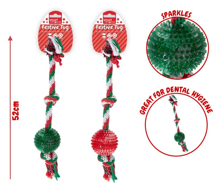 Christmas Festive Rubber & Rope Ball Dog Toy - Click Image to Close