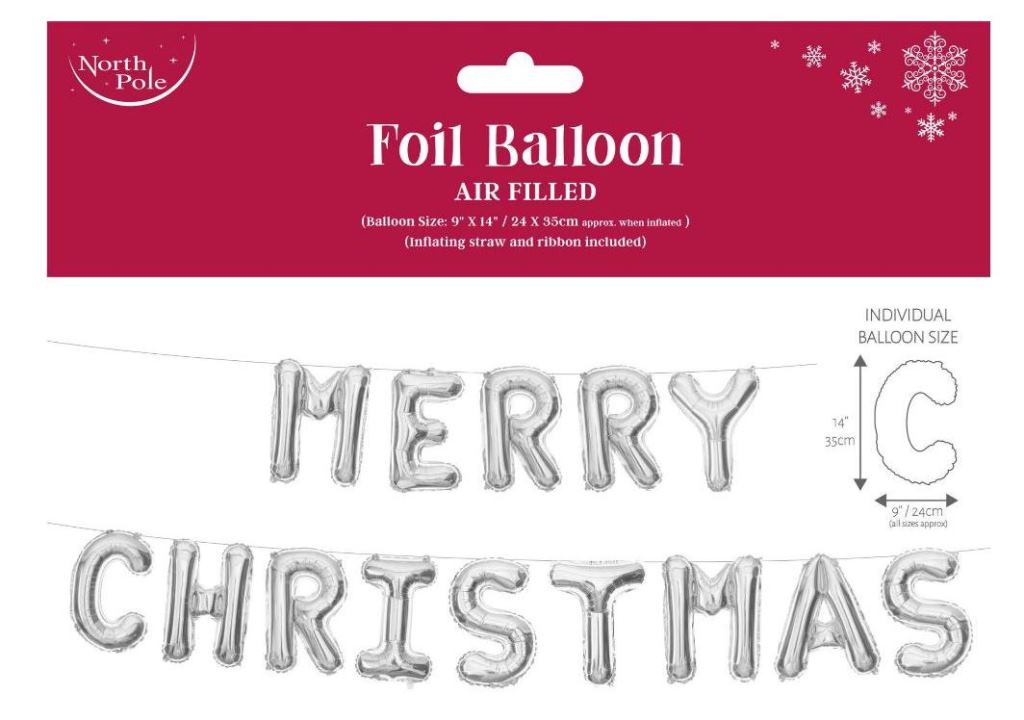Merry Christmas Foil Letters Balloon Silver 24 x 35cm - Click Image to Close