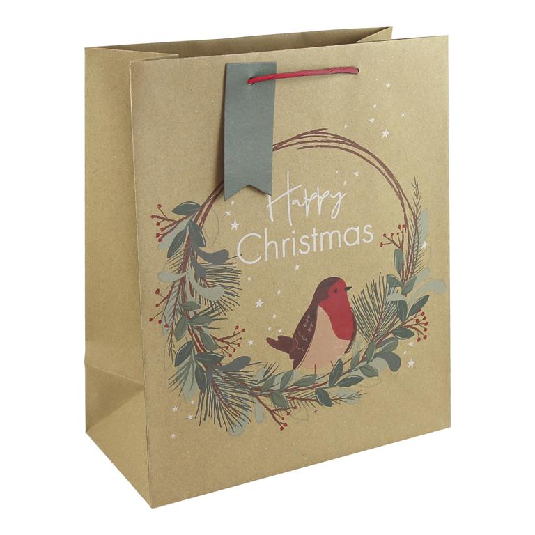 Christmas Kraft Robin Wreath Large Bag(330Mmx455Mmx100Mm) - Click Image to Close