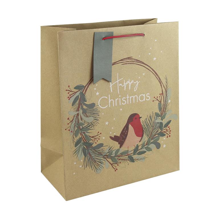 Christmas Kraft Robin Wreath Medium Bag(215Mmx253Mmx102Mm) - Click Image to Close