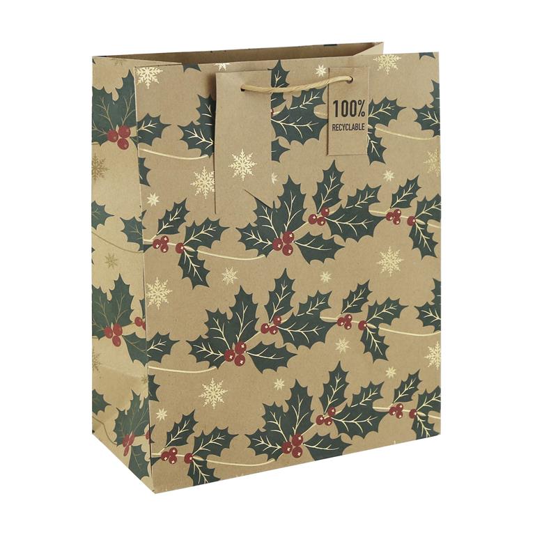 Christmas Kraft Holly Large Bag ( 265Mm X 330Mm X 140Mm ) - Click Image to Close