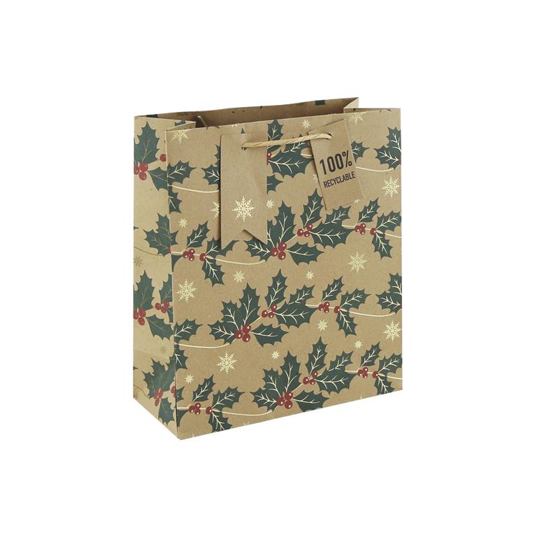 Christmas Kraft Holly Medium Bag ( 215Mm X 253Mm X 102Mm ) - Click Image to Close