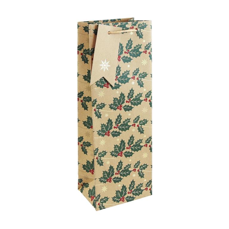 Christmas Kraft Holly Bottle Bag (127Mm X 355Mm X 90Mm) - Click Image to Close