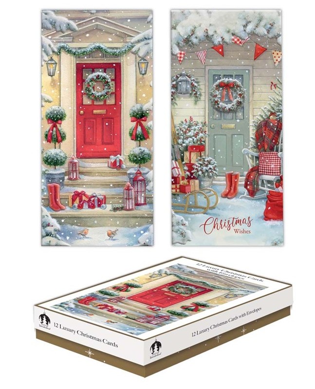 Christmas Cards 12 Slim Boxed Traditional Doors - Click Image to Close