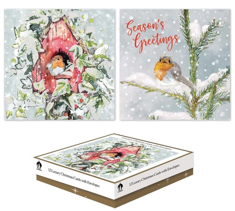 Christmas Cards 12 Square Boxed Trad Robins - Click Image to Close