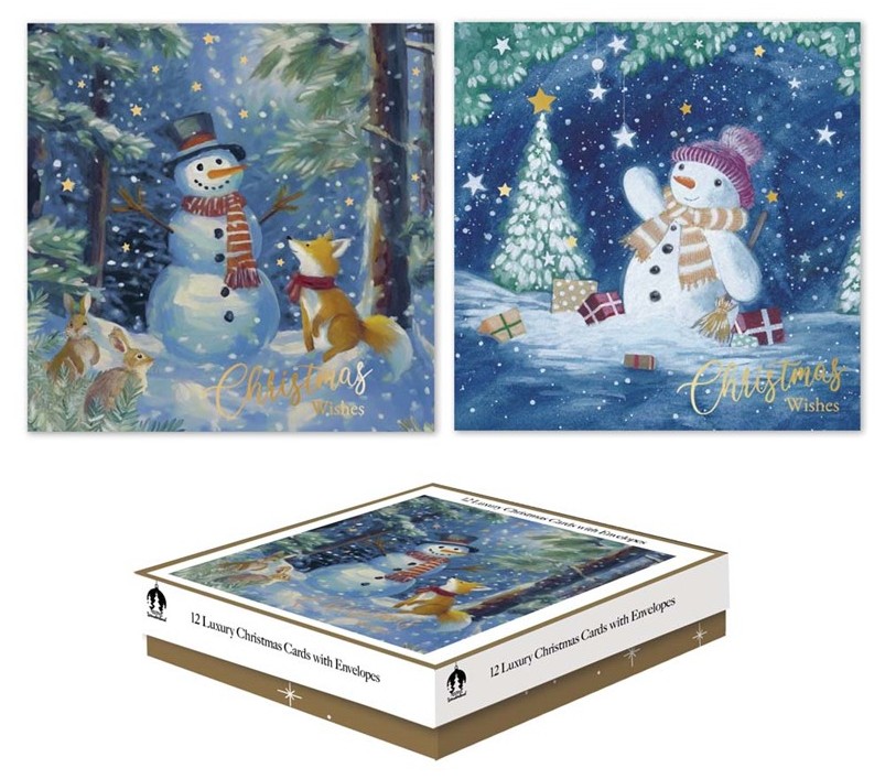 Christmas Cards 12 Square Boxed Woodland Snowmen - Click Image to Close
