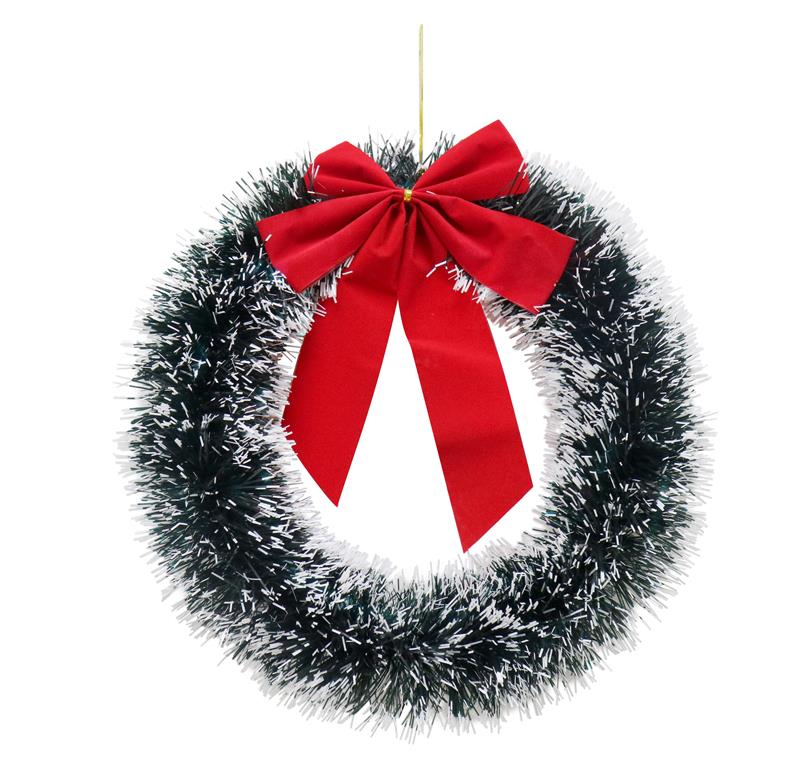 Snow Tinsel Wreath 33cm With Bow - Click Image to Close