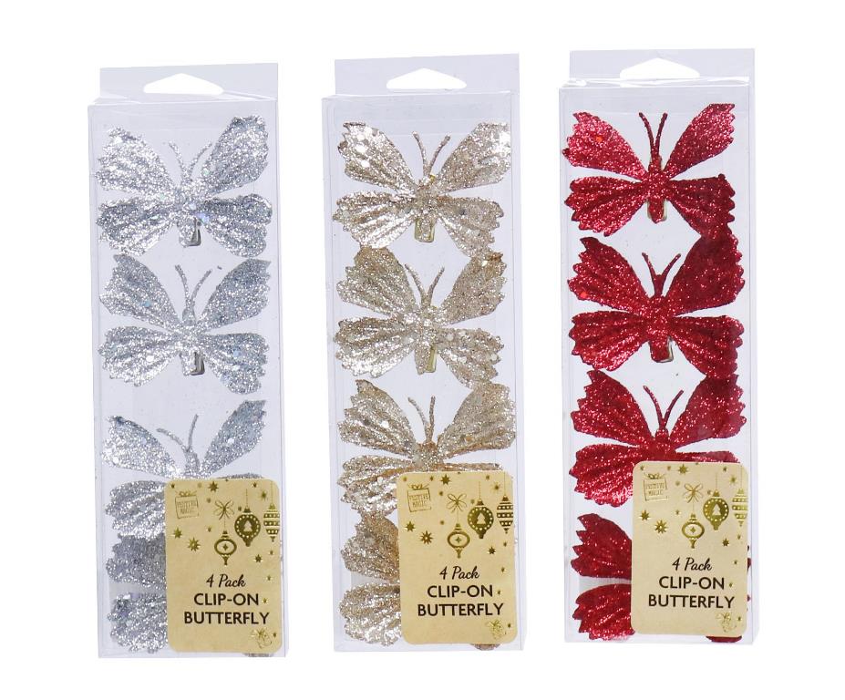 Clip-On Butterfly 4 Pack Glitter - Click Image to Close