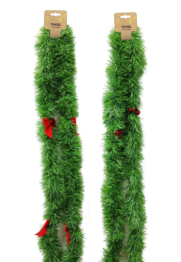 TINSEL GREEN CHUNKY BERRY OR BOWS 2.4m - Click Image to Close