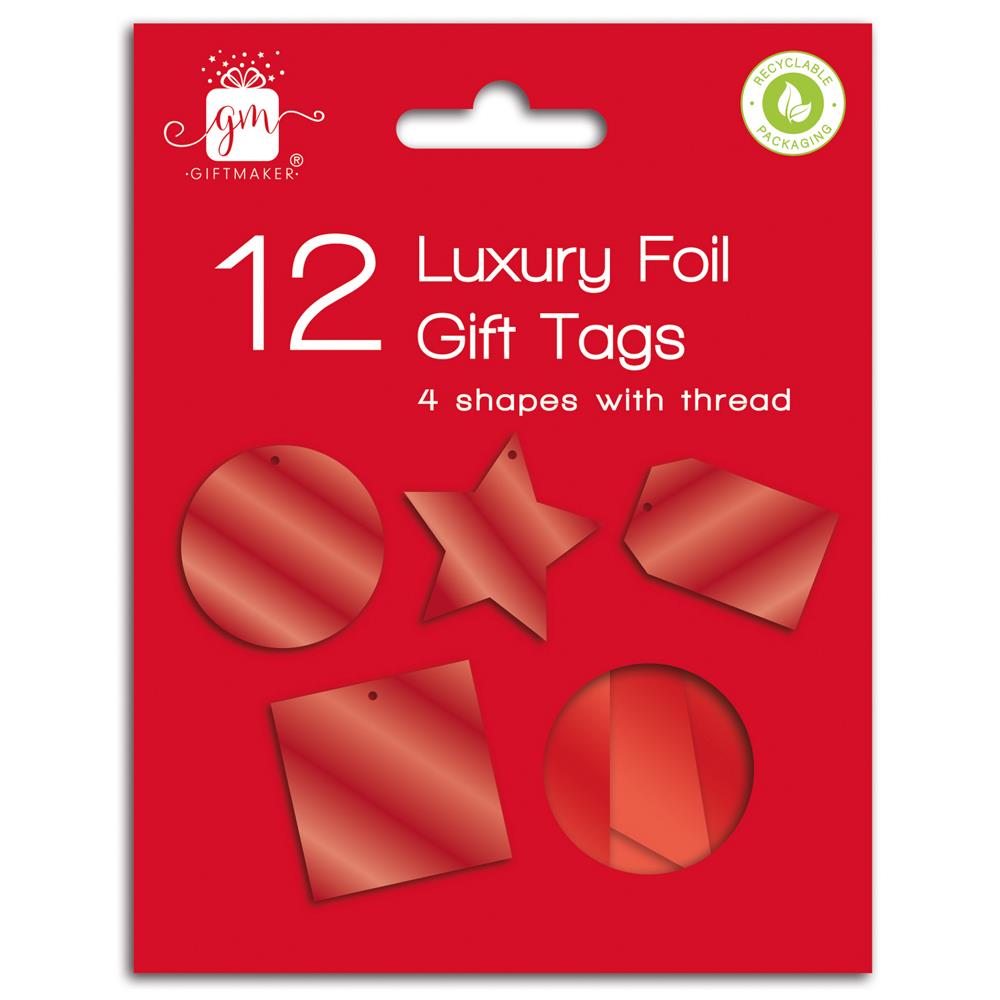 Christmas Tags 12 D/C Foiled - Red - Click Image to Close