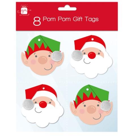 Christmas Tags 8Pk Pom Pom - Click Image to Close