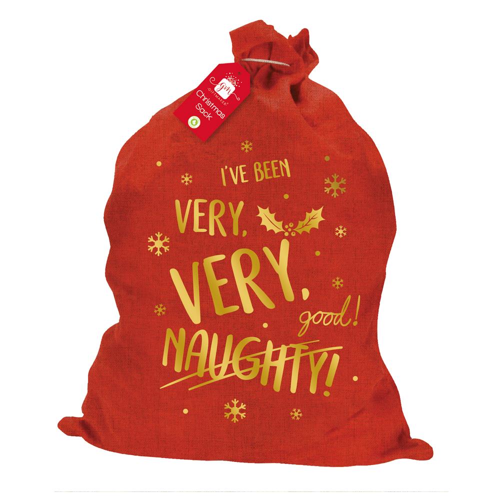 Christmas Sack Red Hessian & Gold Print - Click Image to Close