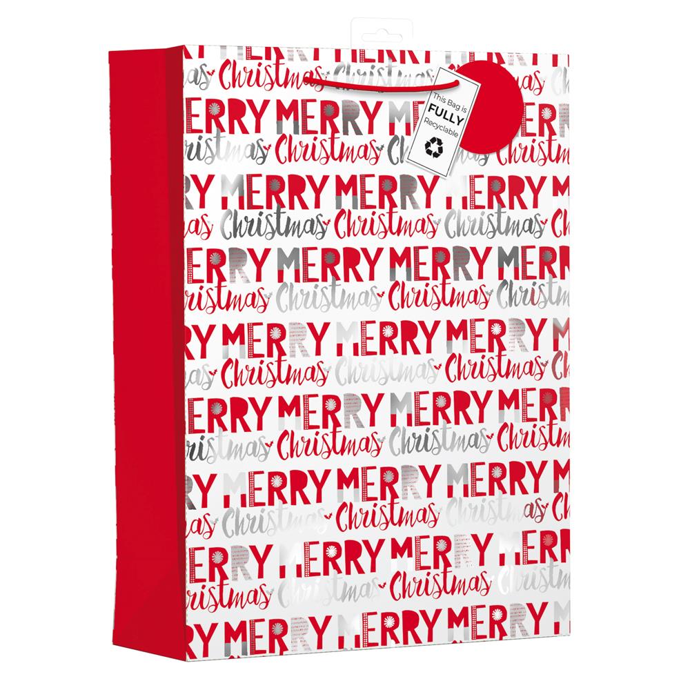 Christmas Red & Silver Text Ex Large Bag - Click Image to Close