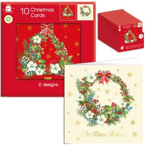 Christmas Square Tree And Wreath Card Pack Of 10 - Click Image to Close
