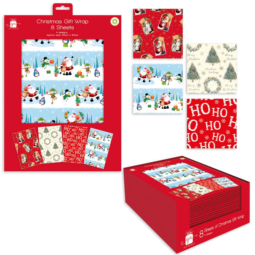 Christmas Gift Wrap 8 Sheets 50 x 50cm ( Assorted Designs ) - Click Image to Close