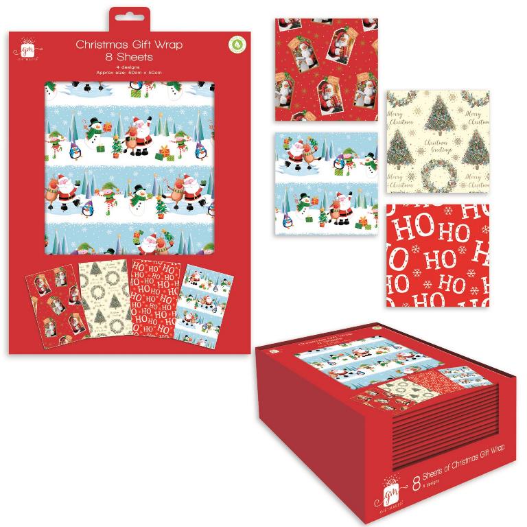 Christmas Gift Wrap 8 Sheets 50 x 50cm ( Assorted Designs ) - Click Image to Close