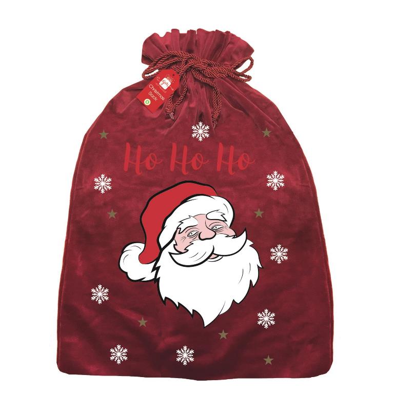 Christmas Sack Red Plush Velvet With Print - Click Image to Close