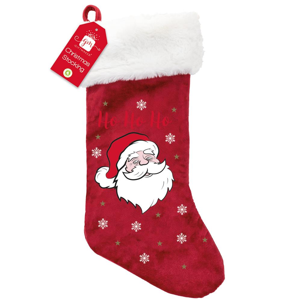 Christmas Stocking Red Plush Velvet & Print - Click Image to Close