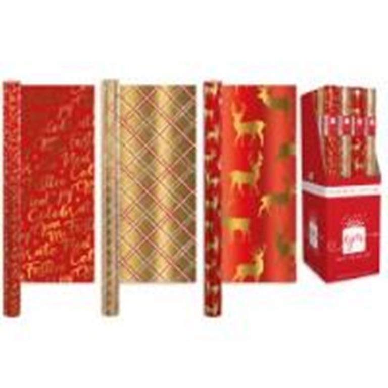 Wrap Paper 1.5m Foil Christmas Traditional 3 Design - Click Image to Close