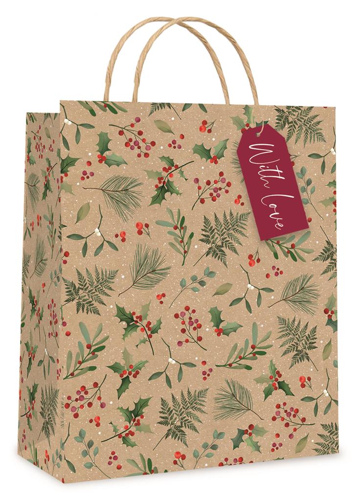 Christmas Gift Bag Kraft Holly Large ( 26 X 32 X 12cm) - Click Image to Close