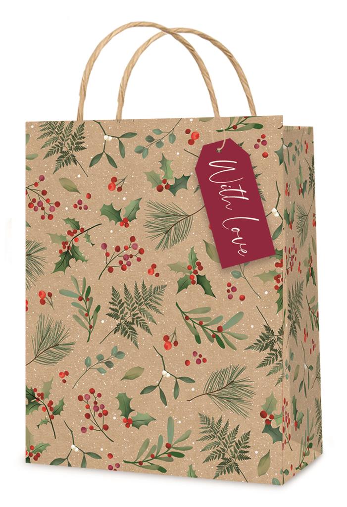 Christmas Gift Bag Kraft Holly Medium ( 18 X 23 X 10cm) - Click Image to Close