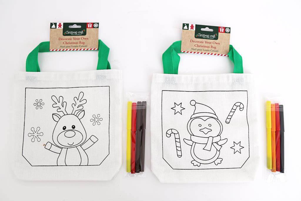 Colour Your Own Christmas Craft Linen Bag With 4 Pens - Click Image to Close