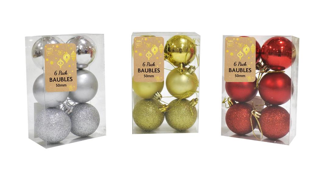 Baubles 50mm 6 Pack ( Assorted Colours ) - Click Image to Close