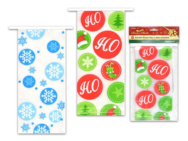 Christmas 10"x5" Frosted Bakery Bags W/ Wire Closure 8 Pack - Click Image to Close