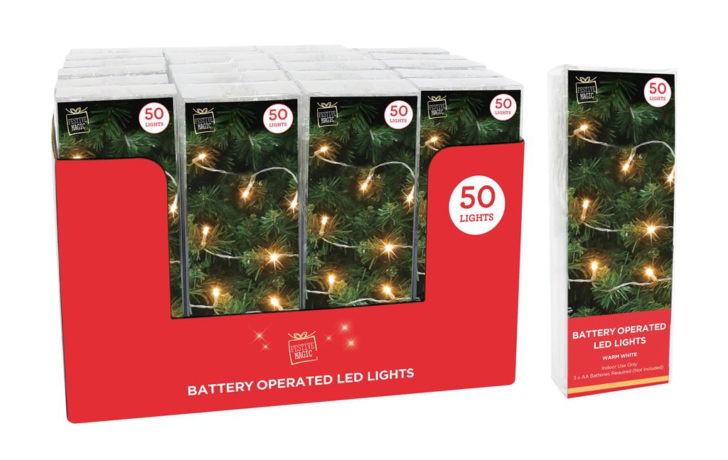 BATTERY OPERATED LED STRING LIGHTS 50 WARM WHITE - Click Image to Close