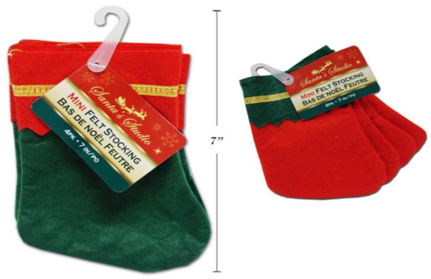 Mini Felt Stocking With Gold Trim 7" 4 Pack - Click Image to Close