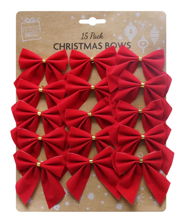 Red Flocked Mini Bows 15 Pack - Click Image to Close