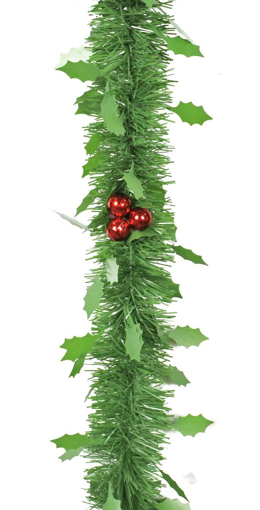 GREEN HOLLY TINSEL 2m WITH BERRY BAUBLES - Click Image to Close
