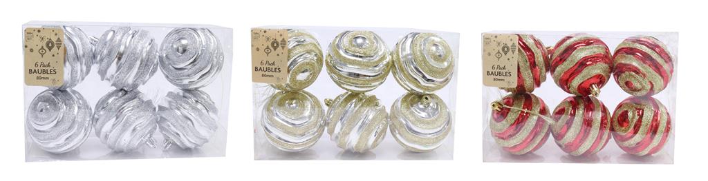 Baubles 6 Pack 80mm Glitter Swirls - Click Image to Close