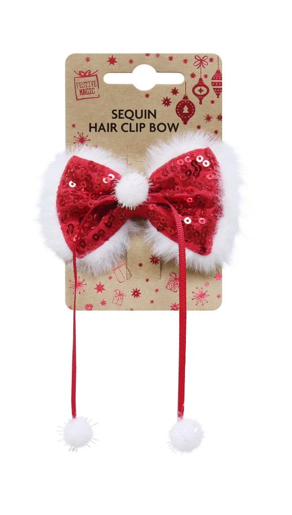 Sequins Bow Hair Clip With Pom Pom - Click Image to Close