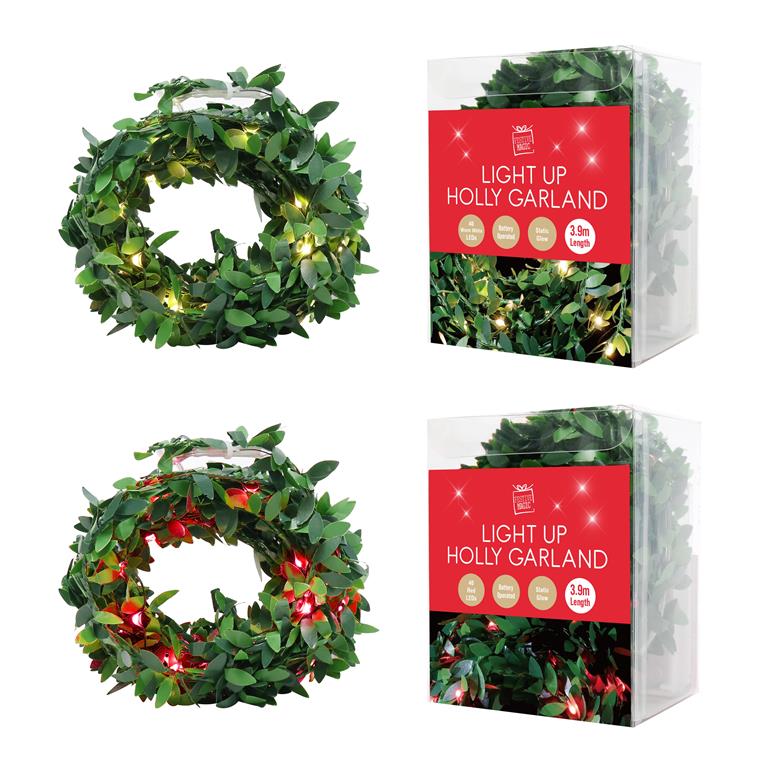 Light Up Holly Garland 4M - Click Image to Close