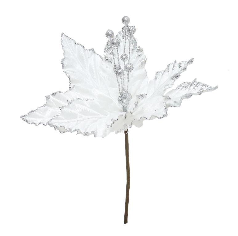 Poinsettia Velvet Glitter 22cm White - Click Image to Close