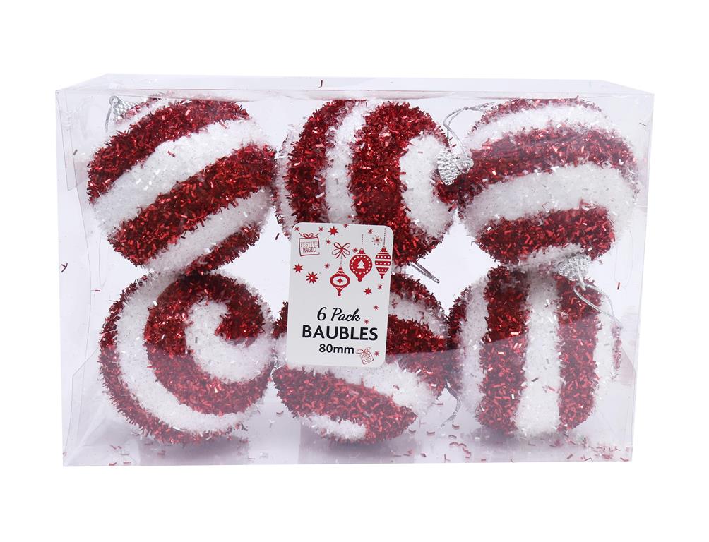 Tinsel Swirl Bauble 80mm 6 Pack - Click Image to Close