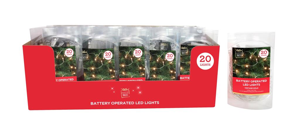 LED STRING LIGHTS 20 VINTAGE GOLD BATTERY OPERATED - Click Image to Close