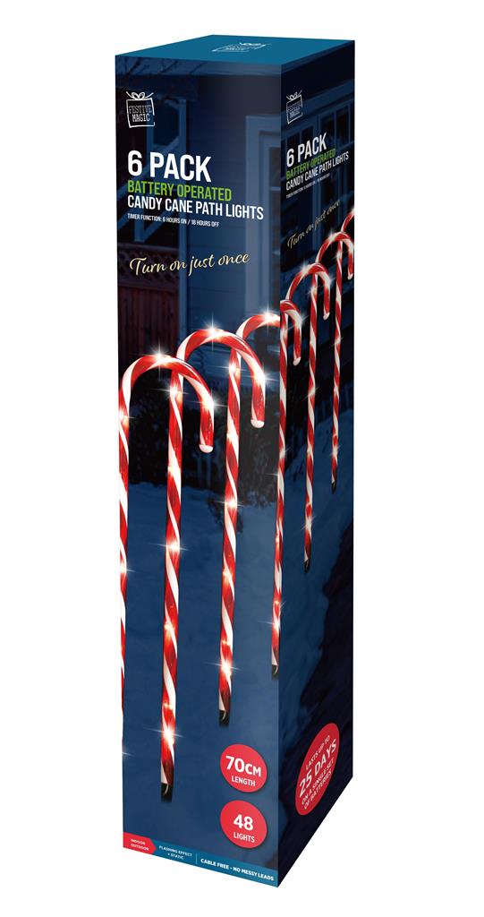 Led Timer Candy Cane Stake Lights 6 Pack 70Cm - Click Image to Close