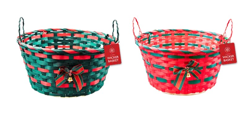 Christmas Striped Wicker Basket with Handle & Bell 30cm - Click Image to Close