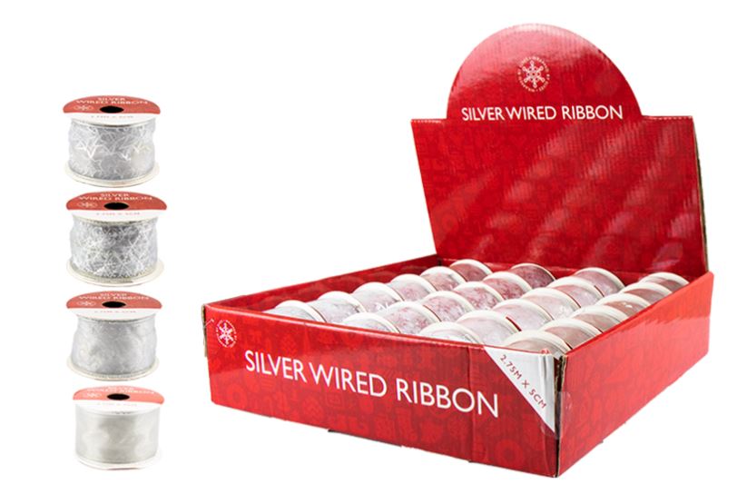 Silver Christmas Wired Ribbon 5cm X 2.75M - Click Image to Close