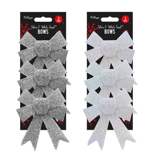 Silver & White Tinsel Bows - 3 Pack - Click Image to Close