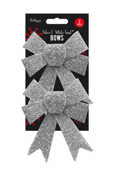 Silver & White Glitter Tinsel Bows - 2 Pack - Click Image to Close
